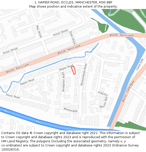 1, NAPIER ROAD, ECCLES, MANCHESTER, M30 8BF: Location map and indicative extent of plot