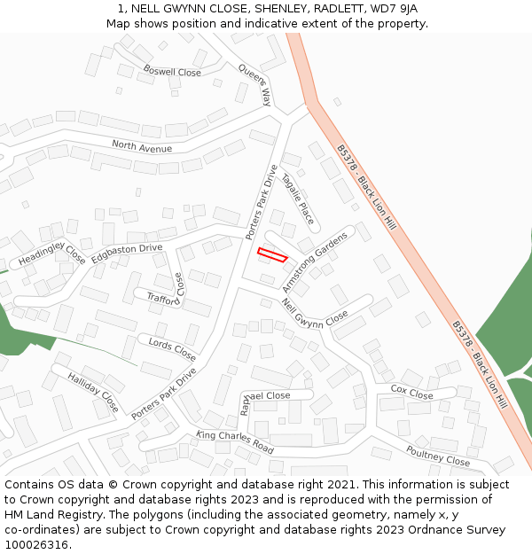 1, NELL GWYNN CLOSE, SHENLEY, RADLETT, WD7 9JA: Location map and indicative extent of plot