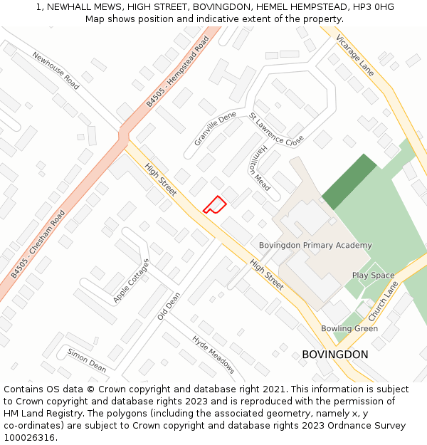 1, NEWHALL MEWS, HIGH STREET, BOVINGDON, HEMEL HEMPSTEAD, HP3 0HG: Location map and indicative extent of plot