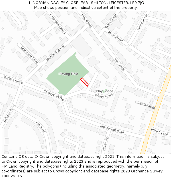 1, NORMAN DAGLEY CLOSE, EARL SHILTON, LEICESTER, LE9 7JG: Location map and indicative extent of plot