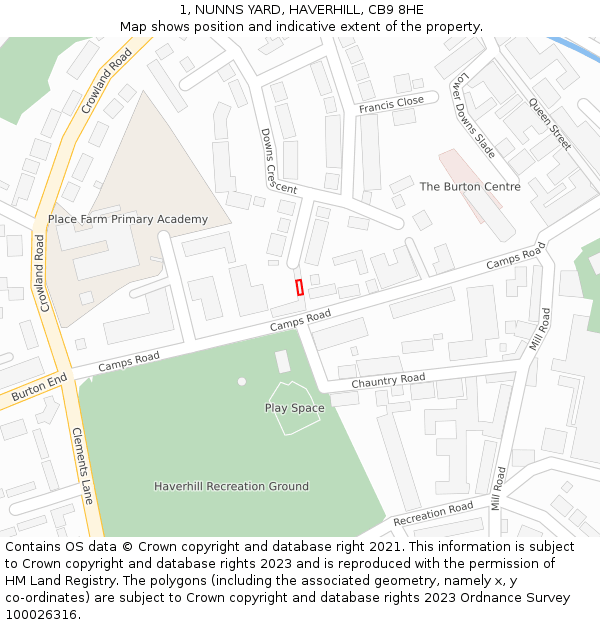 1, NUNNS YARD, HAVERHILL, CB9 8HE: Location map and indicative extent of plot