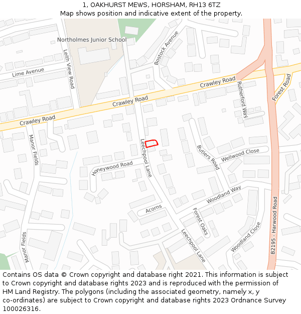 1, OAKHURST MEWS, HORSHAM, RH13 6TZ: Location map and indicative extent of plot