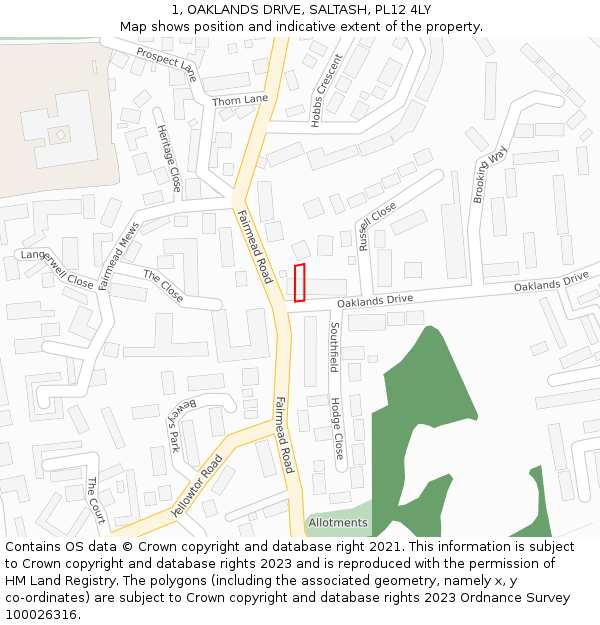 1, OAKLANDS DRIVE, SALTASH, PL12 4LY: Location map and indicative extent of plot