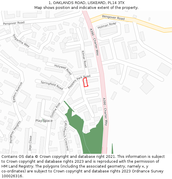 1, OAKLANDS ROAD, LISKEARD, PL14 3TX: Location map and indicative extent of plot