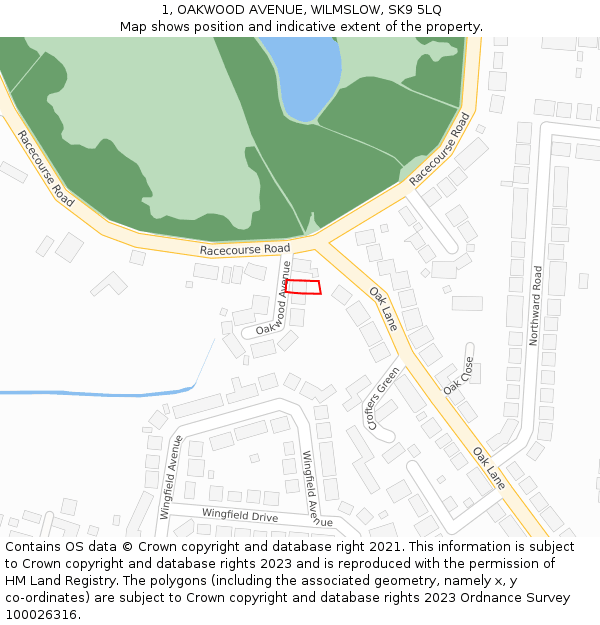 1, OAKWOOD AVENUE, WILMSLOW, SK9 5LQ: Location map and indicative extent of plot