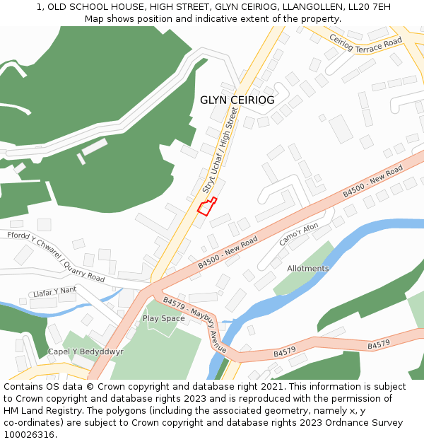 1, OLD SCHOOL HOUSE, HIGH STREET, GLYN CEIRIOG, LLANGOLLEN, LL20 7EH: Location map and indicative extent of plot