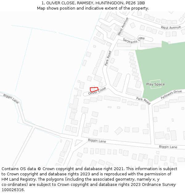 1, OLIVER CLOSE, RAMSEY, HUNTINGDON, PE26 1BB: Location map and indicative extent of plot