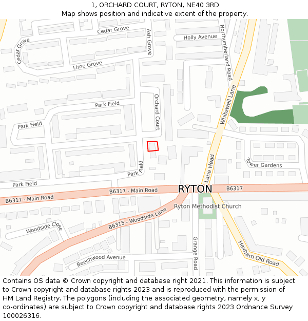 1, ORCHARD COURT, RYTON, NE40 3RD: Location map and indicative extent of plot