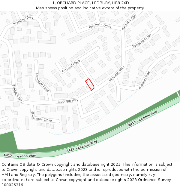 1, ORCHARD PLACE, LEDBURY, HR8 2XD: Location map and indicative extent of plot