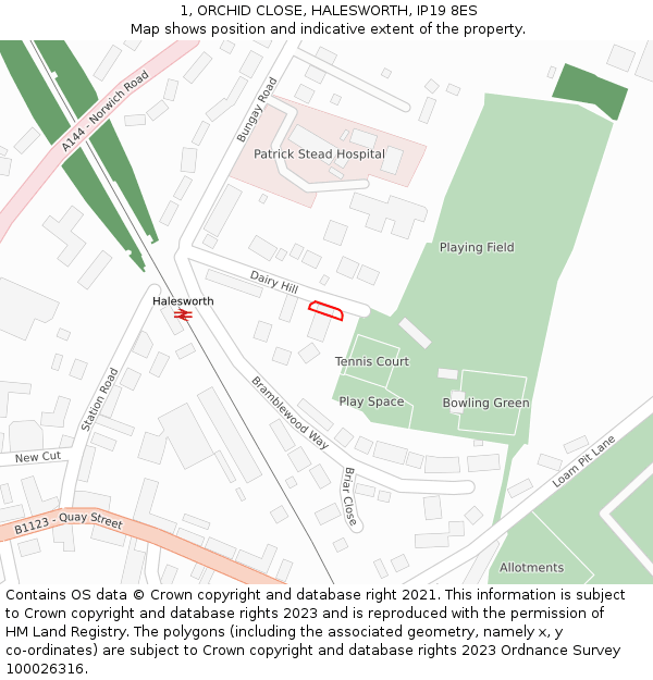 1, ORCHID CLOSE, HALESWORTH, IP19 8ES: Location map and indicative extent of plot