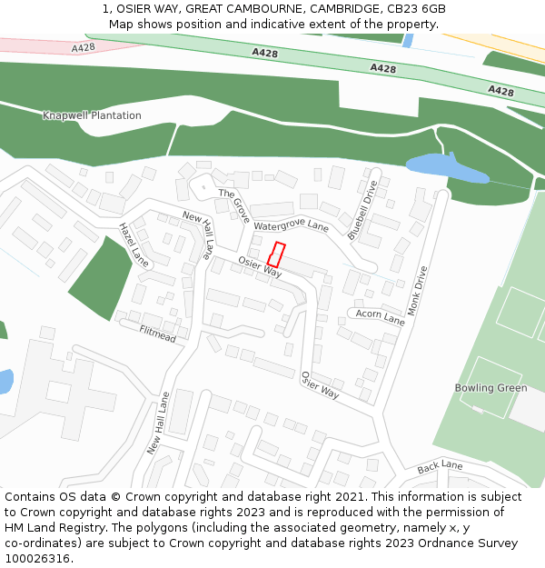 1, OSIER WAY, GREAT CAMBOURNE, CAMBRIDGE, CB23 6GB: Location map and indicative extent of plot