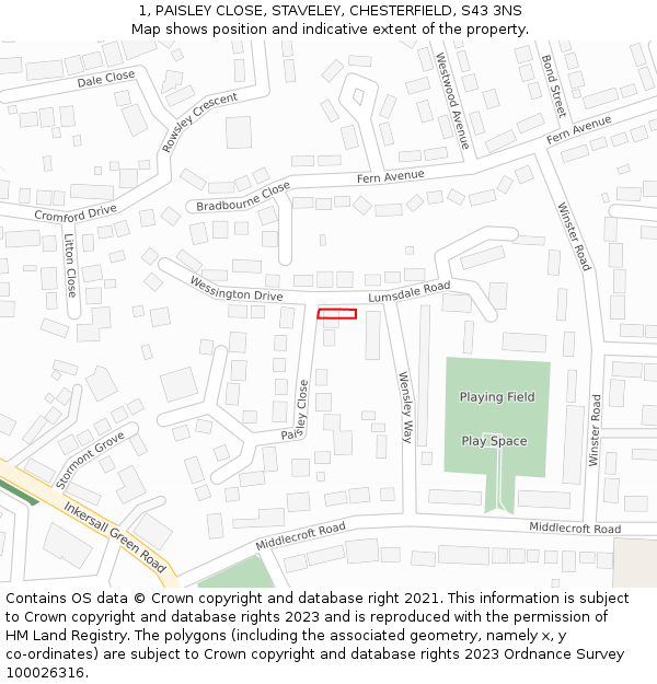 1, PAISLEY CLOSE, STAVELEY, CHESTERFIELD, S43 3NS: Location map and indicative extent of plot