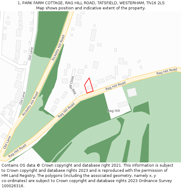 1, PARK FARM COTTAGE, RAG HILL ROAD, TATSFIELD, WESTERHAM, TN16 2LS: Location map and indicative extent of plot