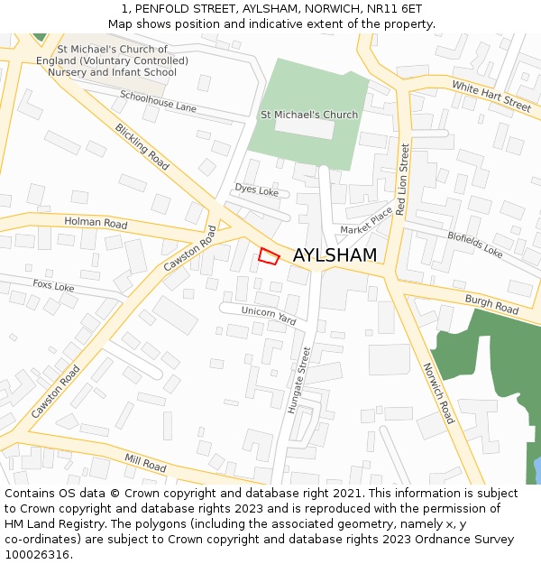 1, PENFOLD STREET, AYLSHAM, NORWICH, NR11 6ET: Location map and indicative extent of plot