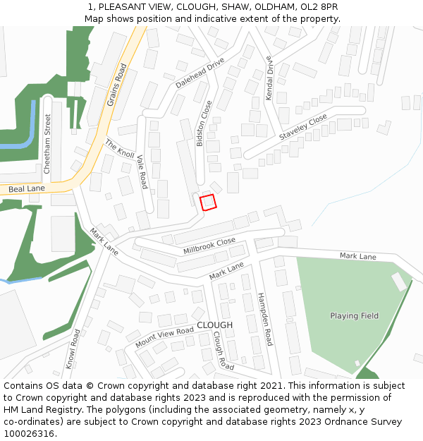1, PLEASANT VIEW, CLOUGH, SHAW, OLDHAM, OL2 8PR: Location map and indicative extent of plot