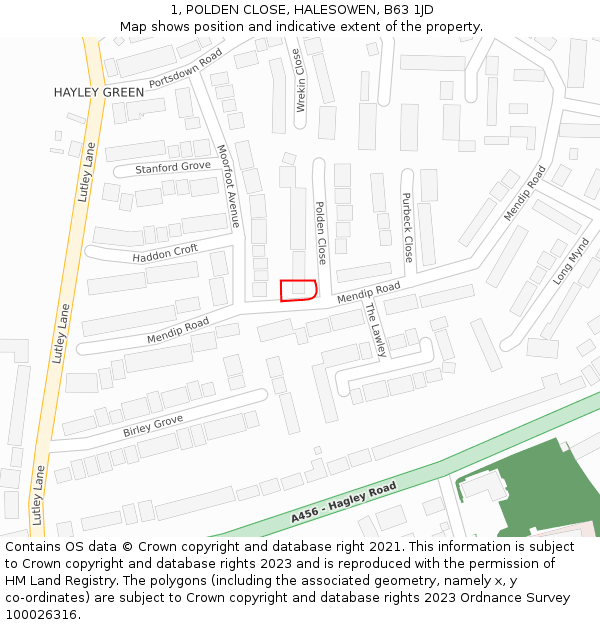 1, POLDEN CLOSE, HALESOWEN, B63 1JD: Location map and indicative extent of plot