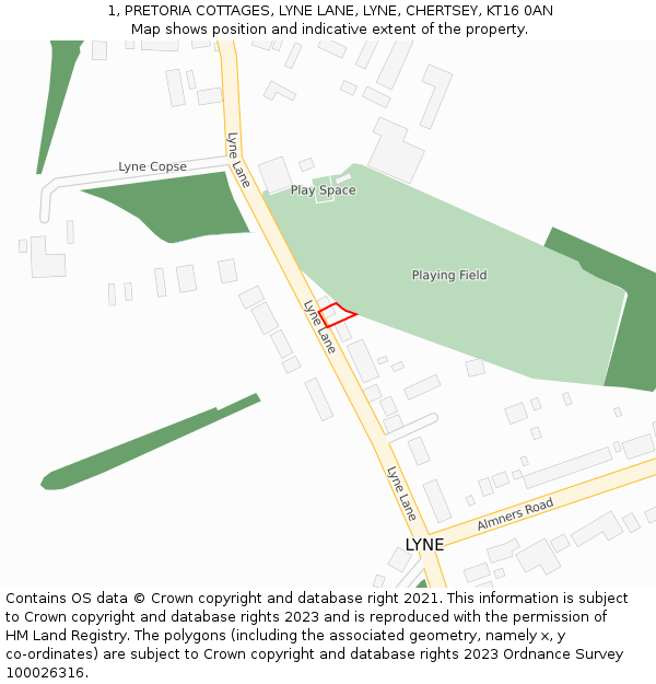 1, PRETORIA COTTAGES, LYNE LANE, LYNE, CHERTSEY, KT16 0AN: Location map and indicative extent of plot