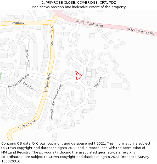 1, PRIMROSE CLOSE, COWBRIDGE, CF71 7DZ: Location map and indicative extent of plot