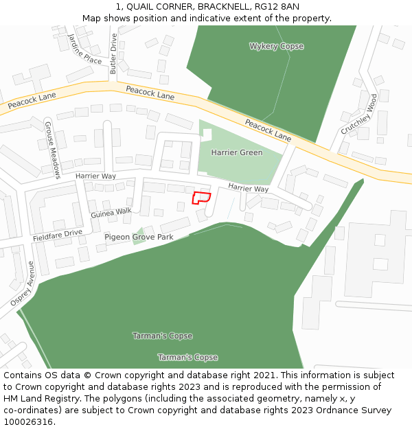 1, QUAIL CORNER, BRACKNELL, RG12 8AN: Location map and indicative extent of plot