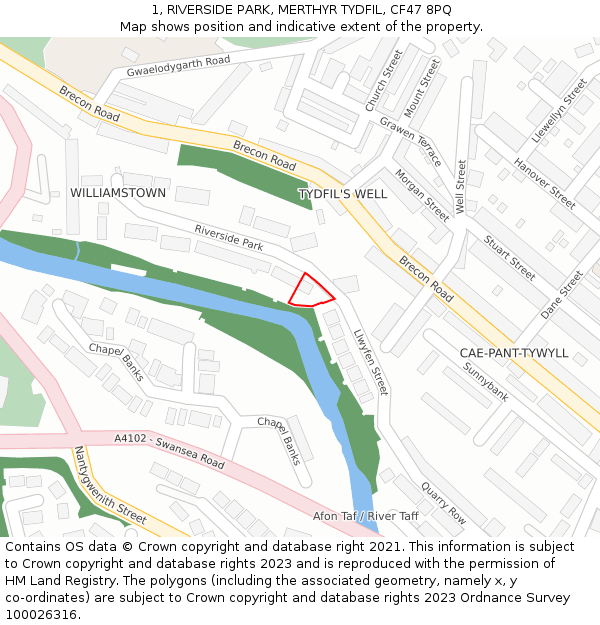 1, RIVERSIDE PARK, MERTHYR TYDFIL, CF47 8PQ: Location map and indicative extent of plot