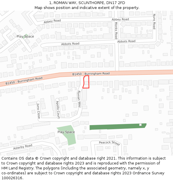 1, ROMAN WAY, SCUNTHORPE, DN17 2FD: Location map and indicative extent of plot