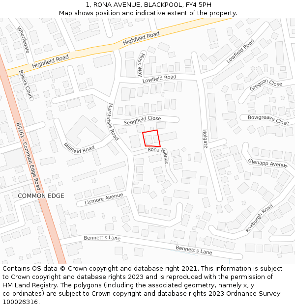 1, RONA AVENUE, BLACKPOOL, FY4 5PH: Location map and indicative extent of plot