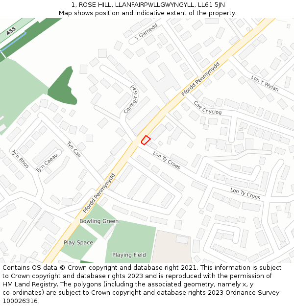 1, ROSE HILL, LLANFAIRPWLLGWYNGYLL, LL61 5JN: Location map and indicative extent of plot