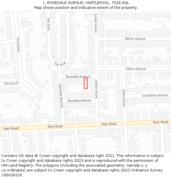 1, ROSEDALE AVENUE, HARTLEPOOL, TS26 9QL: Location map and indicative extent of plot