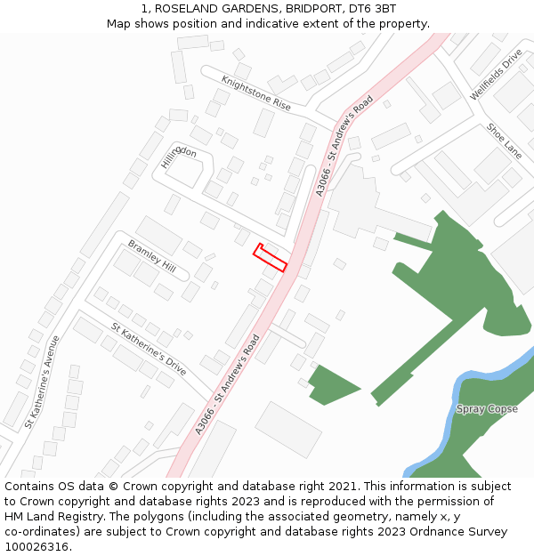 1, ROSELAND GARDENS, BRIDPORT, DT6 3BT: Location map and indicative extent of plot