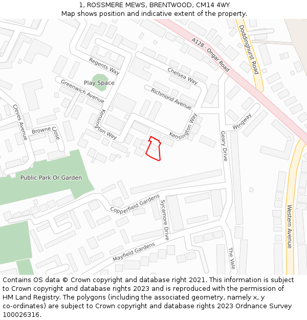 1, ROSSMERE MEWS, BRENTWOOD, CM14 4WY: Location map and indicative extent of plot