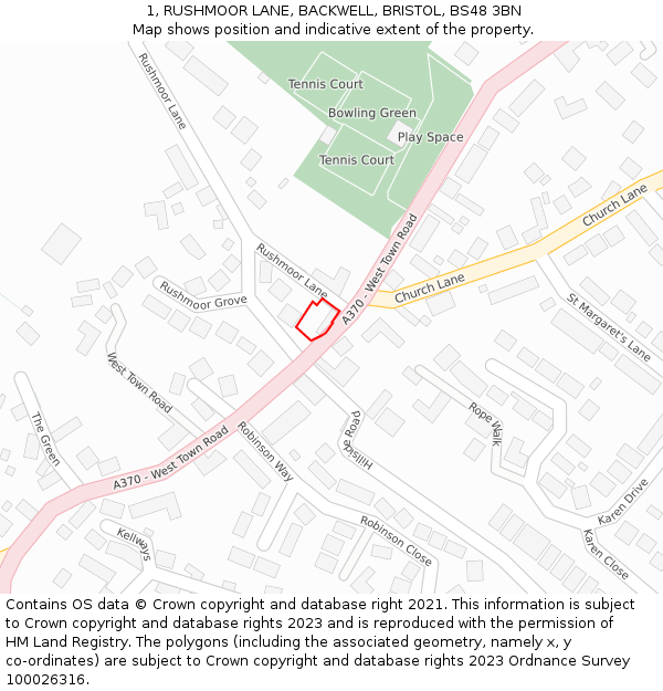 1, RUSHMOOR LANE, BACKWELL, BRISTOL, BS48 3BN: Location map and indicative extent of plot