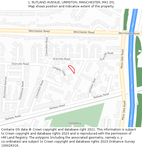 1, RUTLAND AVENUE, URMSTON, MANCHESTER, M41 0YL: Location map and indicative extent of plot