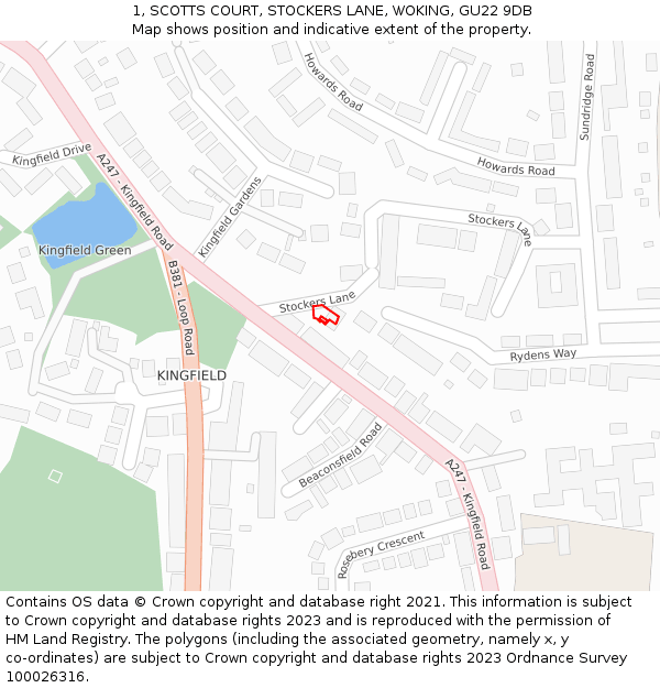 1, SCOTTS COURT, STOCKERS LANE, WOKING, GU22 9DB: Location map and indicative extent of plot