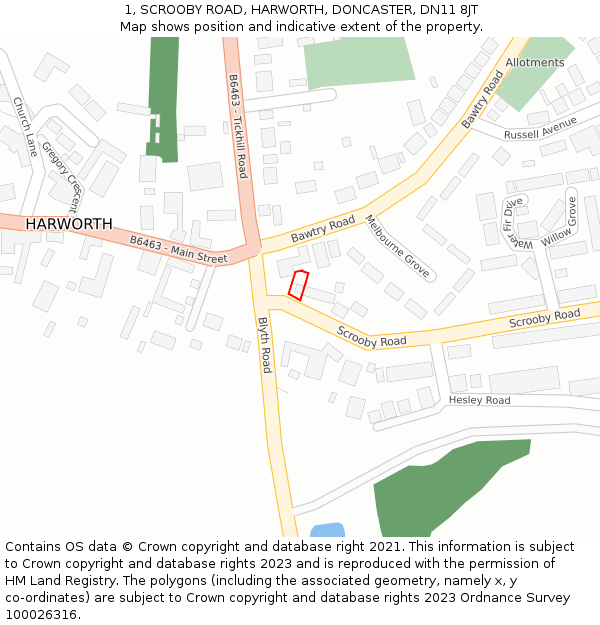 1, SCROOBY ROAD, HARWORTH, DONCASTER, DN11 8JT: Location map and indicative extent of plot