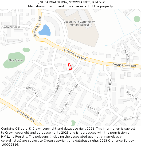 1, SHEARWATER WAY, STOWMARKET, IP14 5UG: Location map and indicative extent of plot