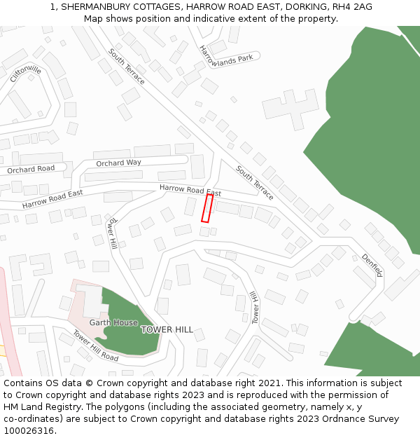 1, SHERMANBURY COTTAGES, HARROW ROAD EAST, DORKING, RH4 2AG: Location map and indicative extent of plot