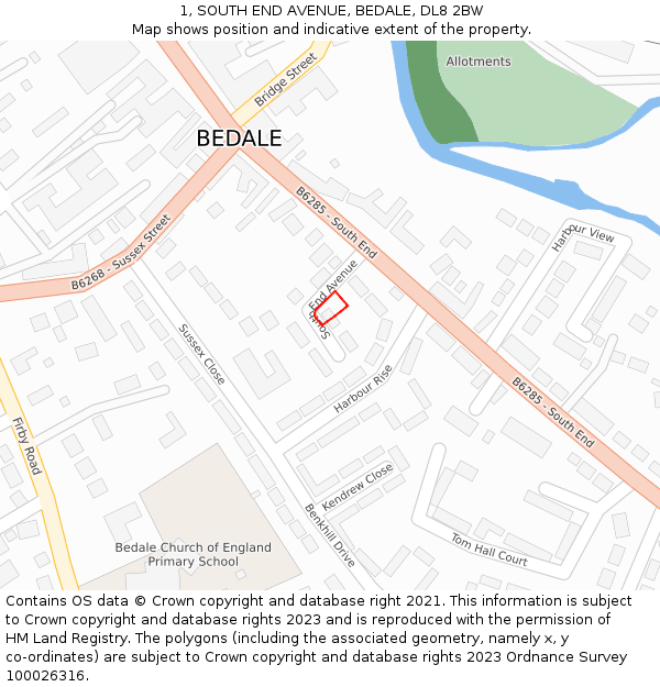 1, SOUTH END AVENUE, BEDALE, DL8 2BW: Location map and indicative extent of plot