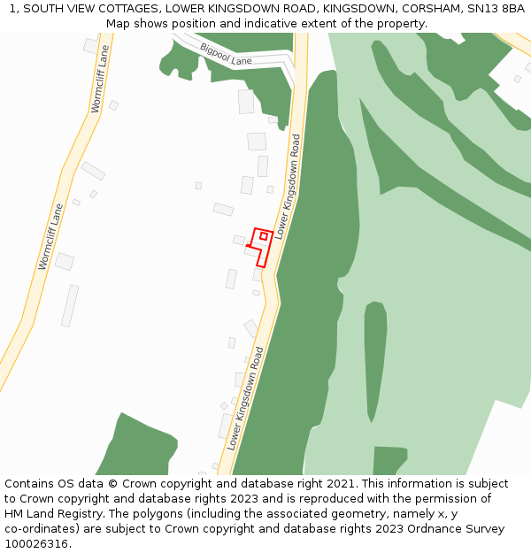 1, SOUTH VIEW COTTAGES, LOWER KINGSDOWN ROAD, KINGSDOWN, CORSHAM, SN13 8BA: Location map and indicative extent of plot