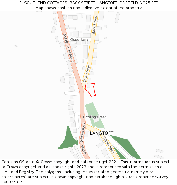 1, SOUTHEND COTTAGES, BACK STREET, LANGTOFT, DRIFFIELD, YO25 3TD: Location map and indicative extent of plot