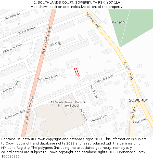 1, SOUTHLANDS COURT, SOWERBY, THIRSK, YO7 1LA: Location map and indicative extent of plot