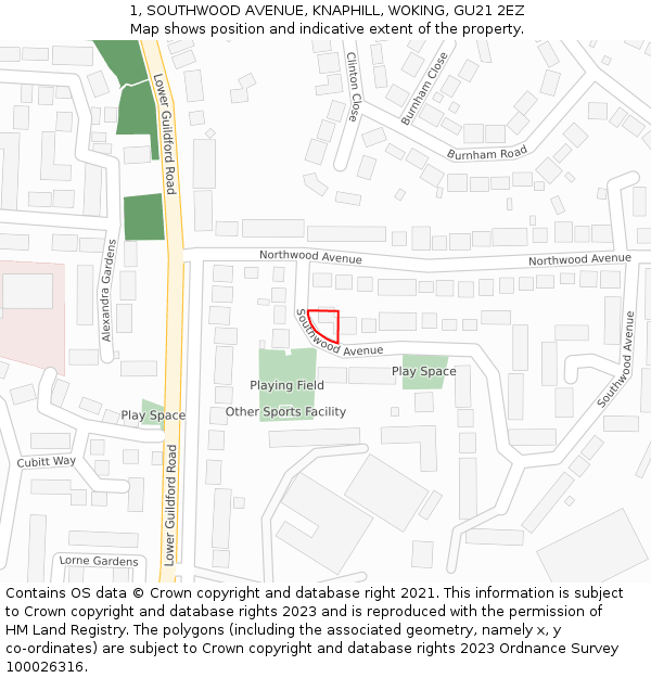 1, SOUTHWOOD AVENUE, KNAPHILL, WOKING, GU21 2EZ: Location map and indicative extent of plot