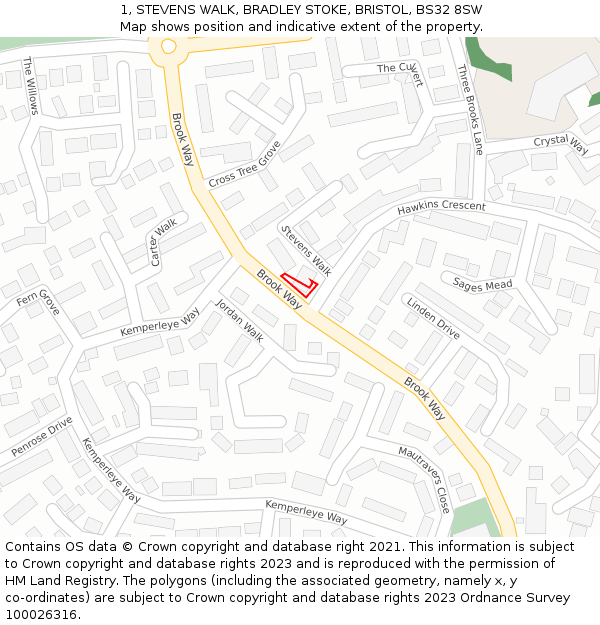 1, STEVENS WALK, BRADLEY STOKE, BRISTOL, BS32 8SW: Location map and indicative extent of plot