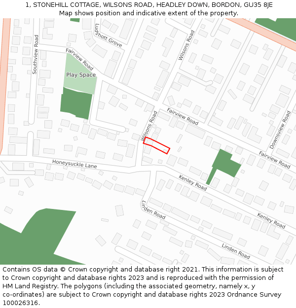 1, STONEHILL COTTAGE, WILSONS ROAD, HEADLEY DOWN, BORDON, GU35 8JE: Location map and indicative extent of plot