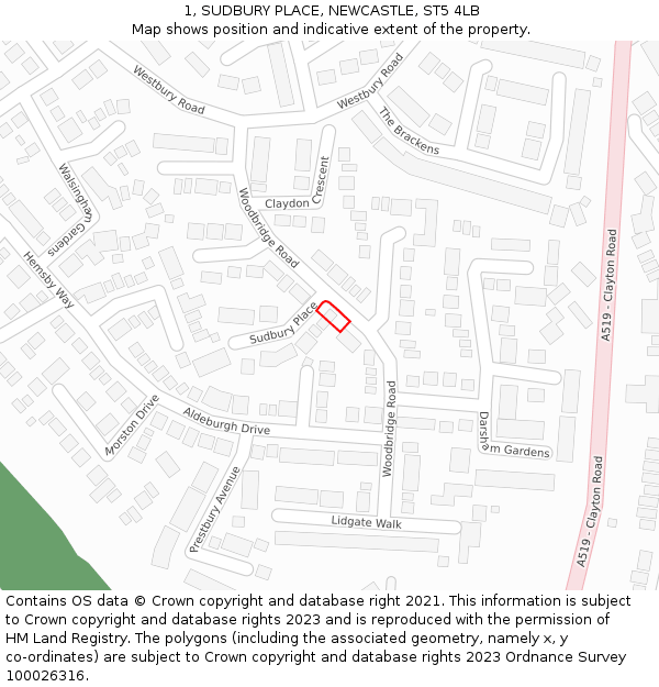 1, SUDBURY PLACE, NEWCASTLE, ST5 4LB: Location map and indicative extent of plot