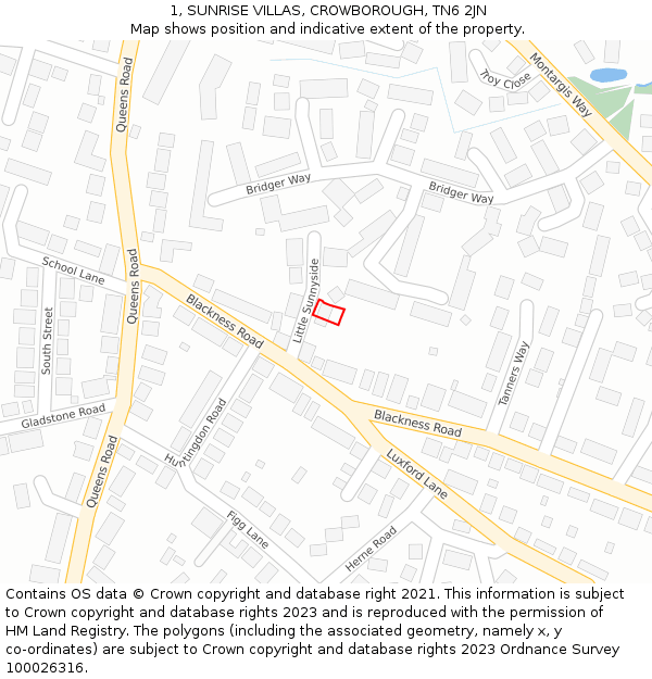 1, SUNRISE VILLAS, CROWBOROUGH, TN6 2JN: Location map and indicative extent of plot