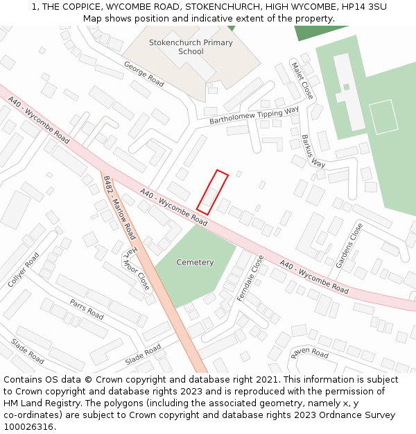 1, THE COPPICE, WYCOMBE ROAD, STOKENCHURCH, HIGH WYCOMBE, HP14 3SU: Location map and indicative extent of plot