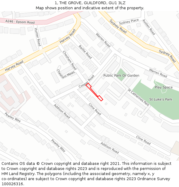 1, THE GROVE, GUILDFORD, GU1 3LZ: Location map and indicative extent of plot