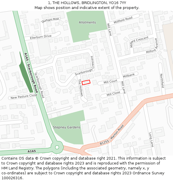 1, THE HOLLOWS, BRIDLINGTON, YO16 7YY: Location map and indicative extent of plot