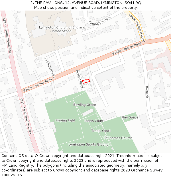 1, THE PAVILIONS, 14, AVENUE ROAD, LYMINGTON, SO41 9GJ: Location map and indicative extent of plot