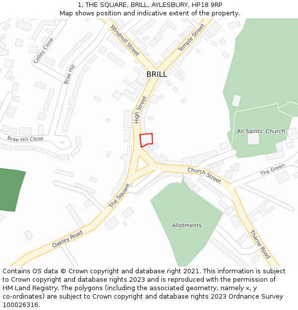 1, THE SQUARE, BRILL, AYLESBURY, HP18 9RP: Location map and indicative extent of plot